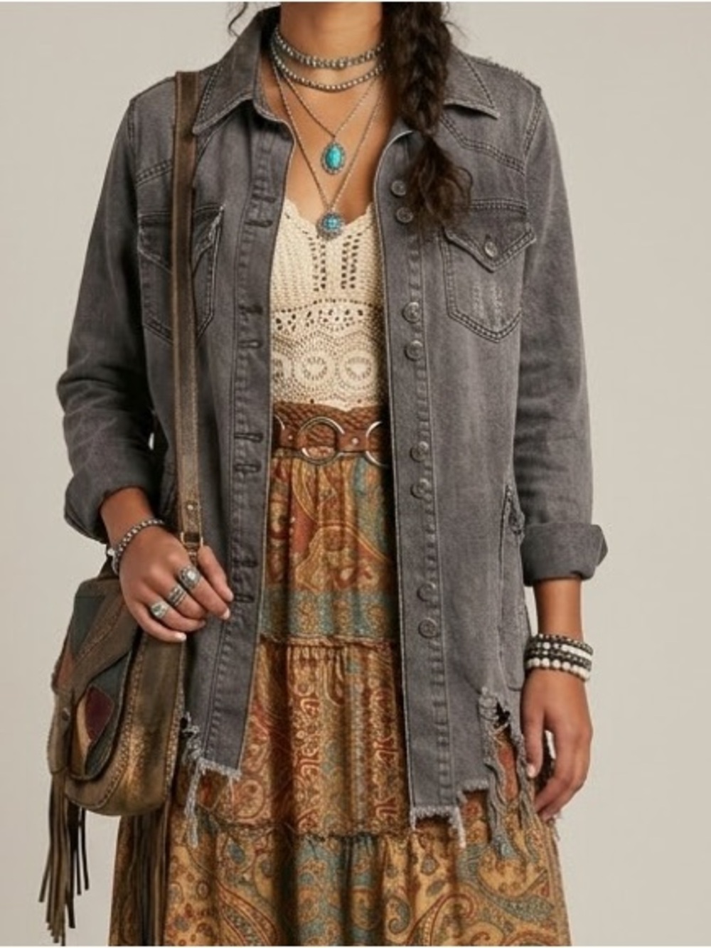 Free People Moonchild Distressed Black Denim Shacket Jacket Oversized XS